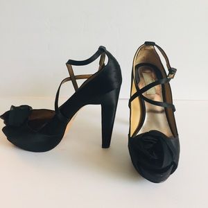 BADGLEY MISCHKA Black Satin Rose Strappy Stilettos